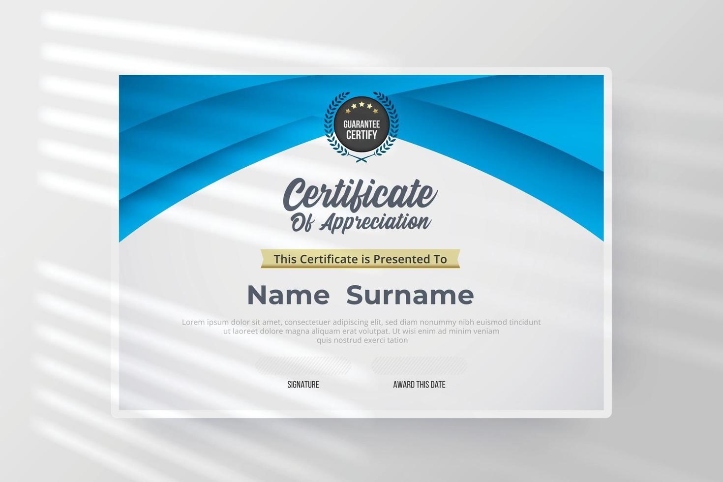 Certificate of appreciation template with blue and white color. vector