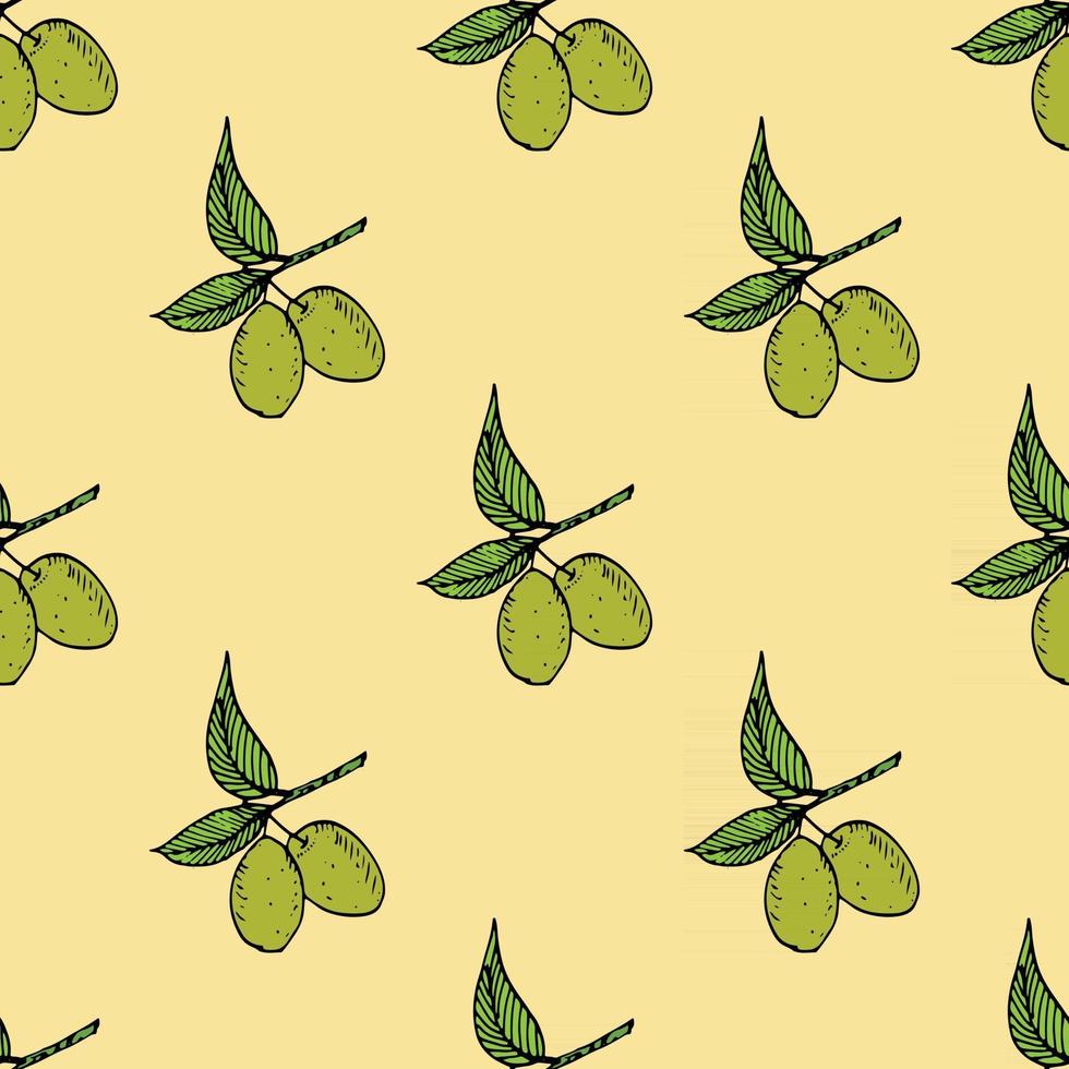 patrón sin fisuras de la rama de olivo. Diseño de fondo natural con aceitunas para aceite de oliva o productos cosméticos, ilustración vectorial vector