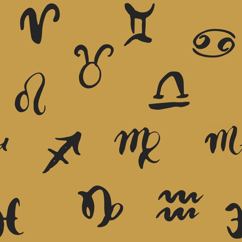 signos del zodíaco de patrones sin fisuras. Símbolos de astrología horóscopo dibujados a mano, diseño con textura grunge, impresión de tipografía, ilustración vectorial vector