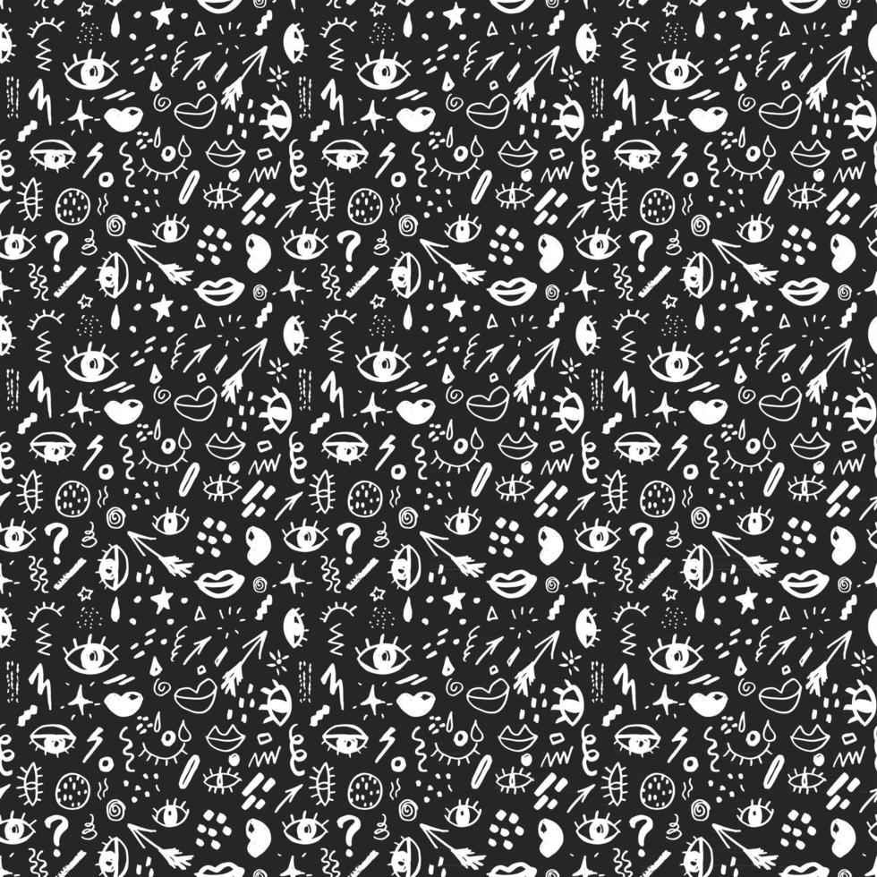 Seamless pattern with hand drawn sketched doodle elements eyes and lips, abstract background. Typography design print, vector illustration