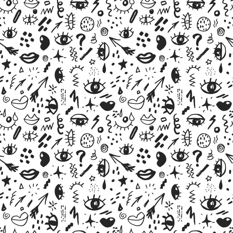 Patrón transparente con elementos de doodle esbozado dibujados a mano ojos y labios, fondo abstracto. impresión de diseño de tipografía, ilustración vectorial vector
