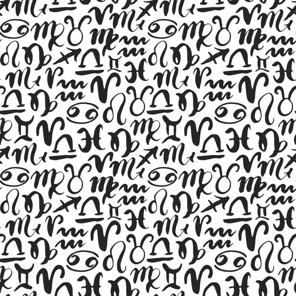 Zodiac signs seamless pattern. Hand drawn horoscope astrology symbols, grunge textured design, typography print, vector illustration
