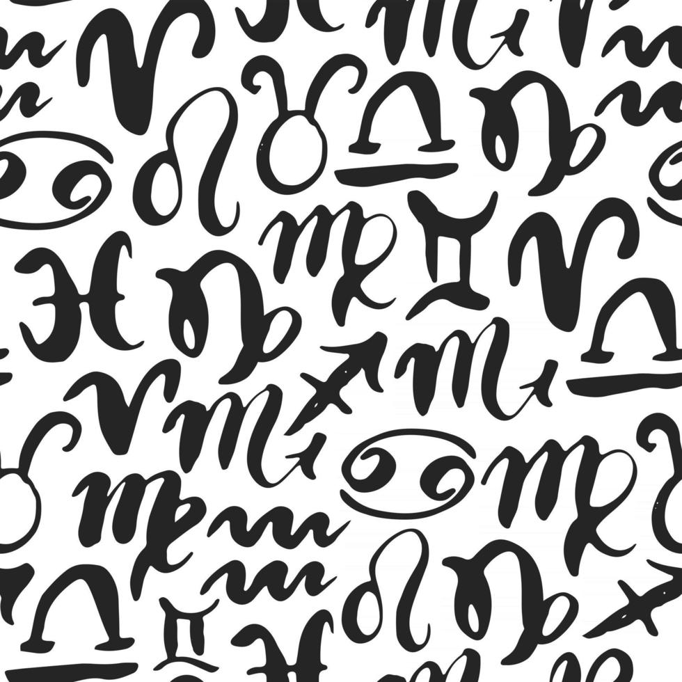 Zodiac signs seamless pattern. Hand drawn horoscope astrology symbols, grunge textured design, typography print, vector illustration