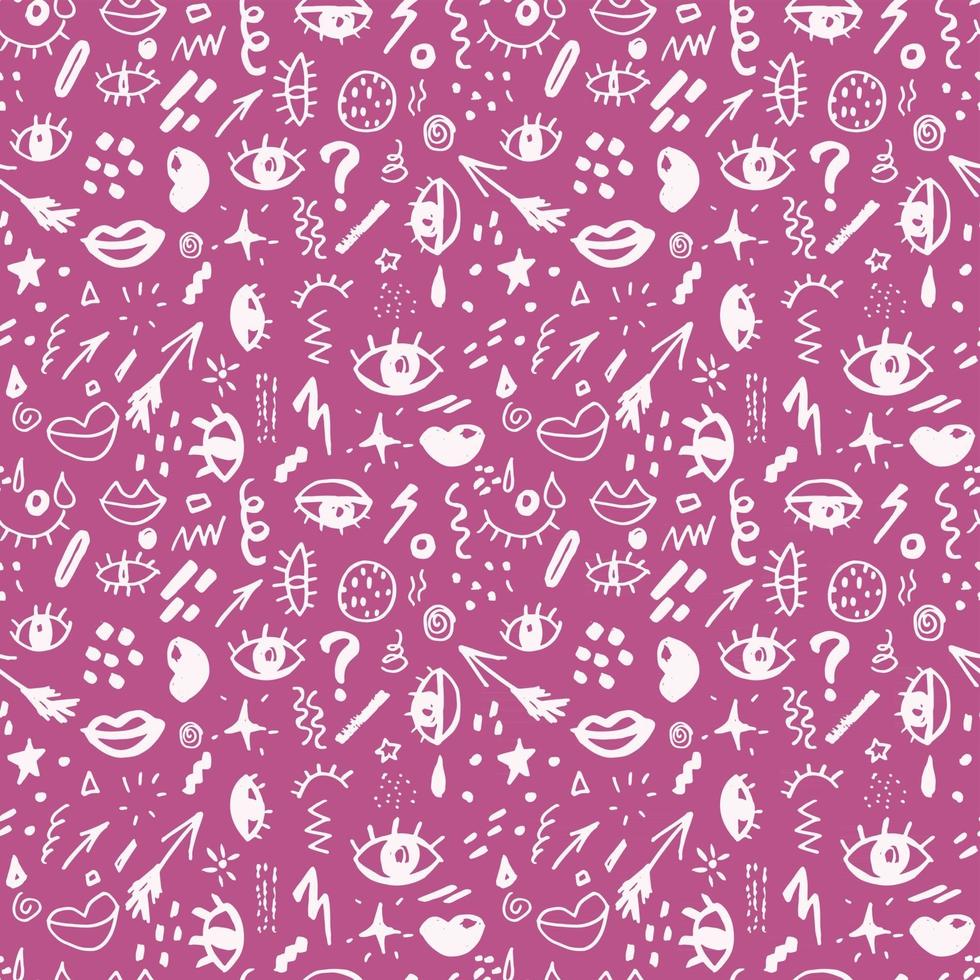 Seamless pattern with hand drawn sketched doodle elements eyes and lips, abstract background. Typography design print, vector illustration