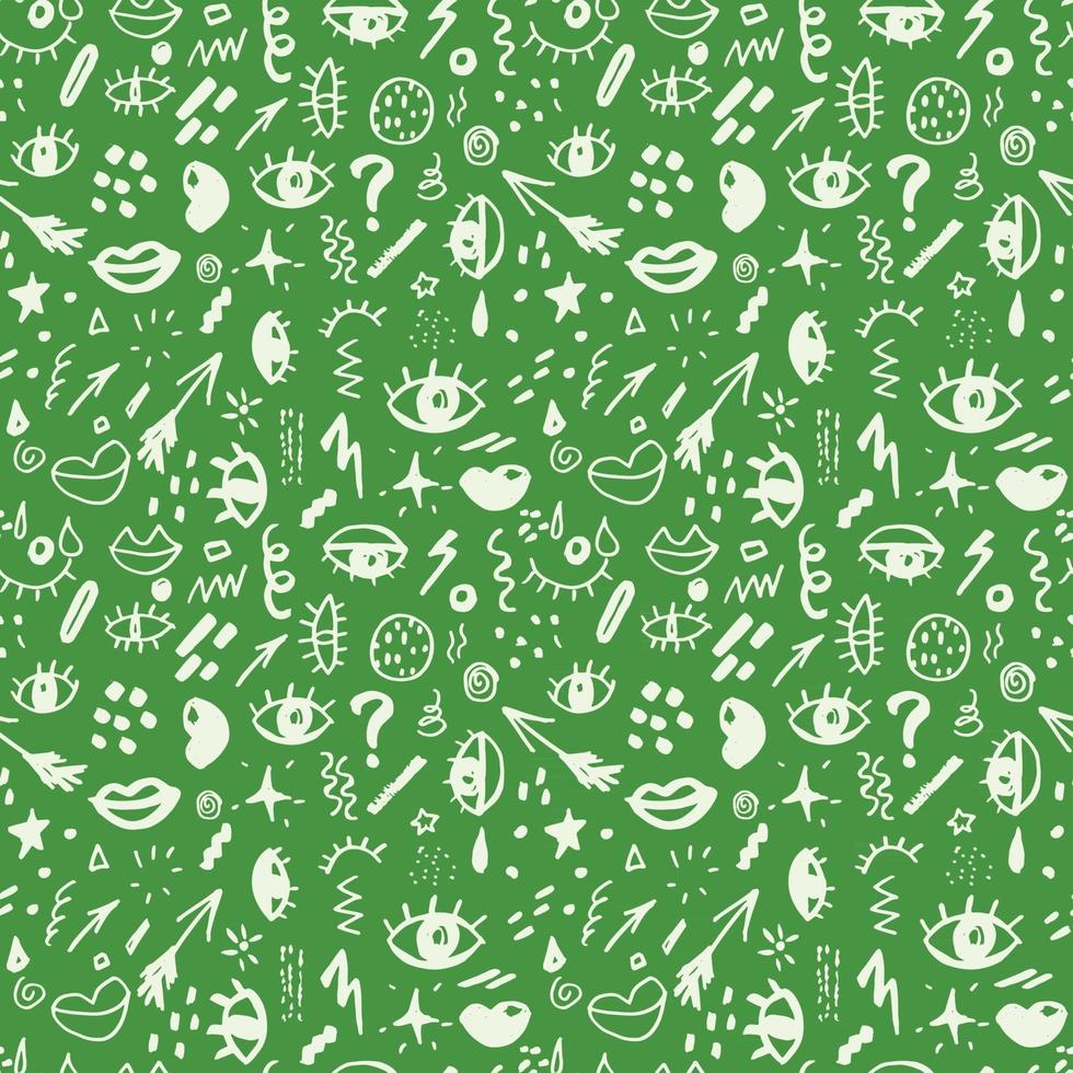Seamless pattern with hand drawn sketched doodle elements eyes and lips, abstract background. Typography design print, vector illustration