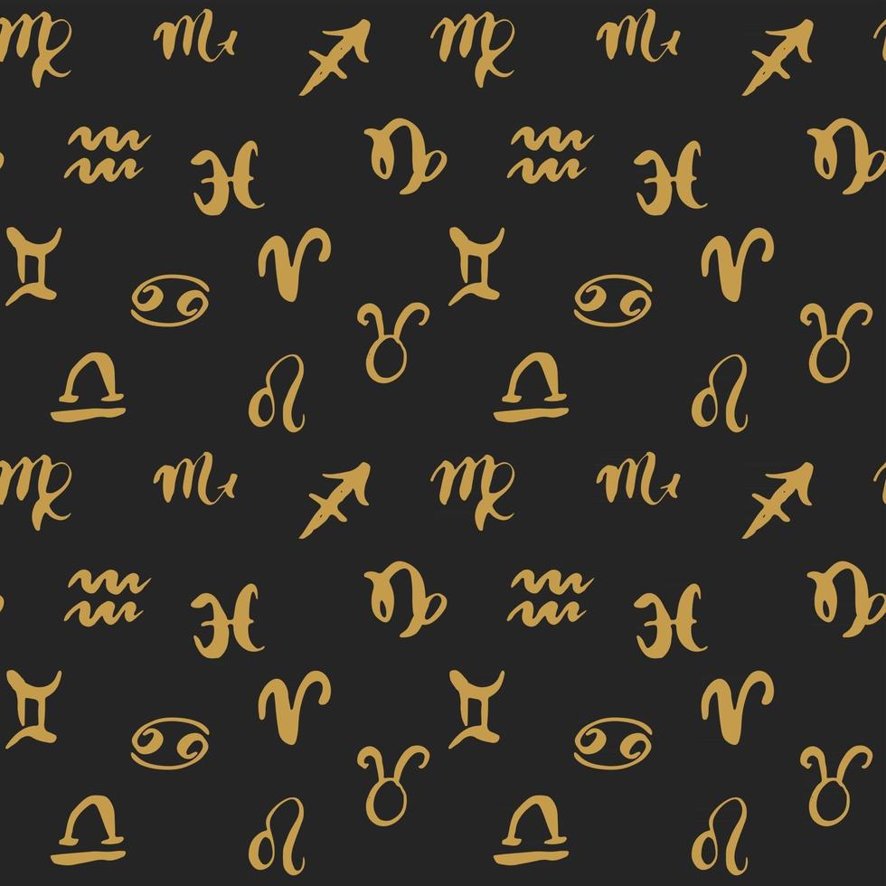 signos del zodíaco de patrones sin fisuras. Símbolos de astrología horóscopo dibujados a mano, diseño con textura grunge, impresión de tipografía, ilustración vectorial vector