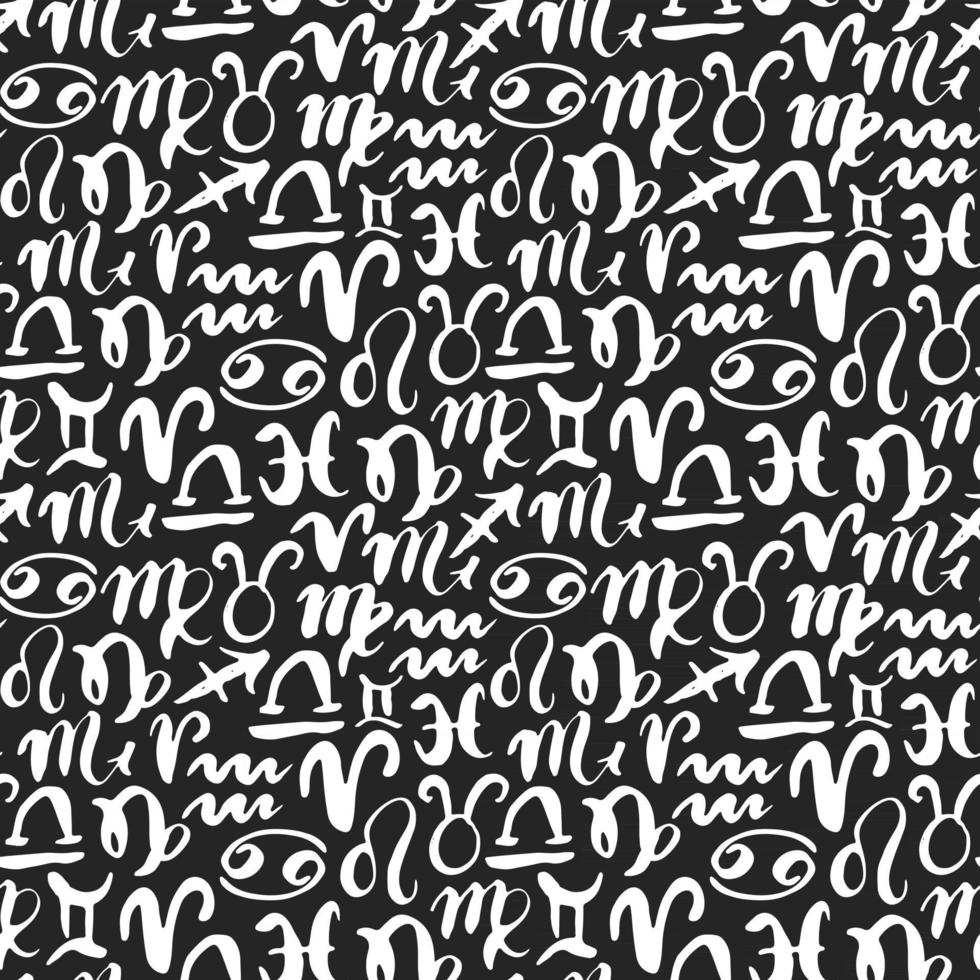 Zodiac signs seamless pattern. Hand drawn horoscope astrology symbols, grunge textured design, typography print, vector illustration