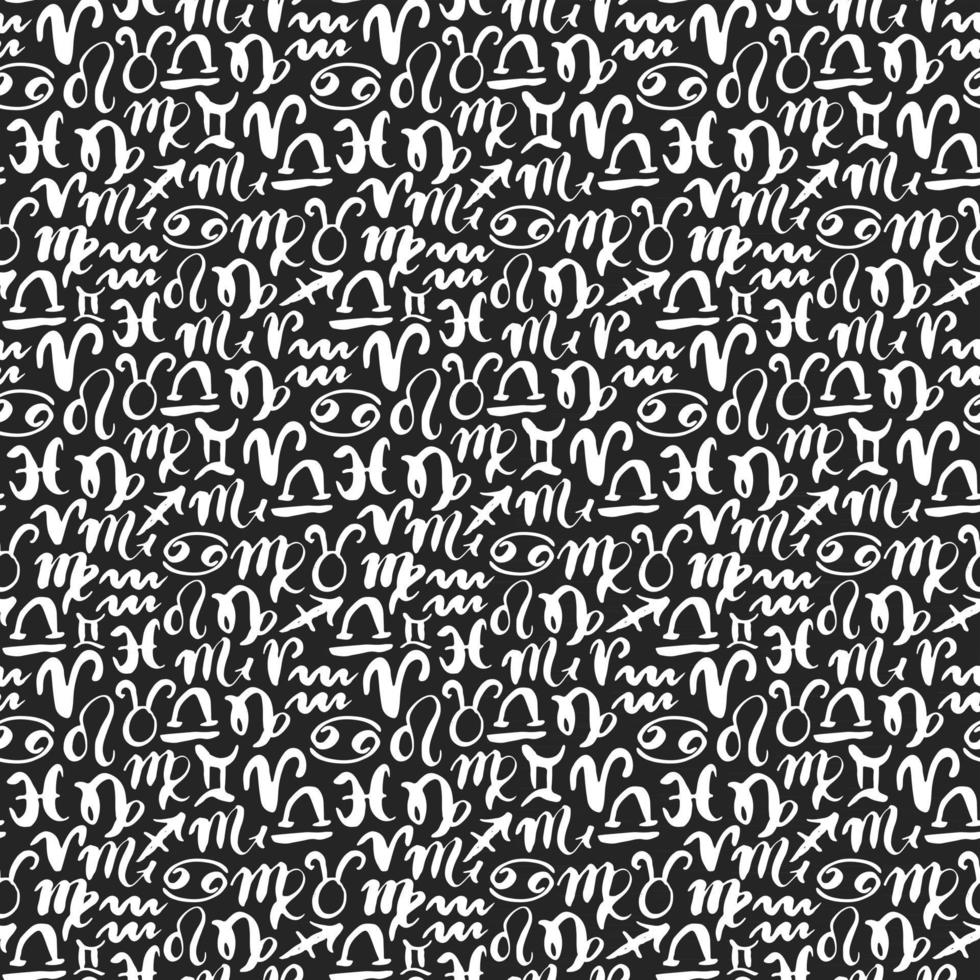 Zodiac signs seamless pattern. Hand drawn horoscope astrology symbols, grunge textured design, typography print, vector illustration
