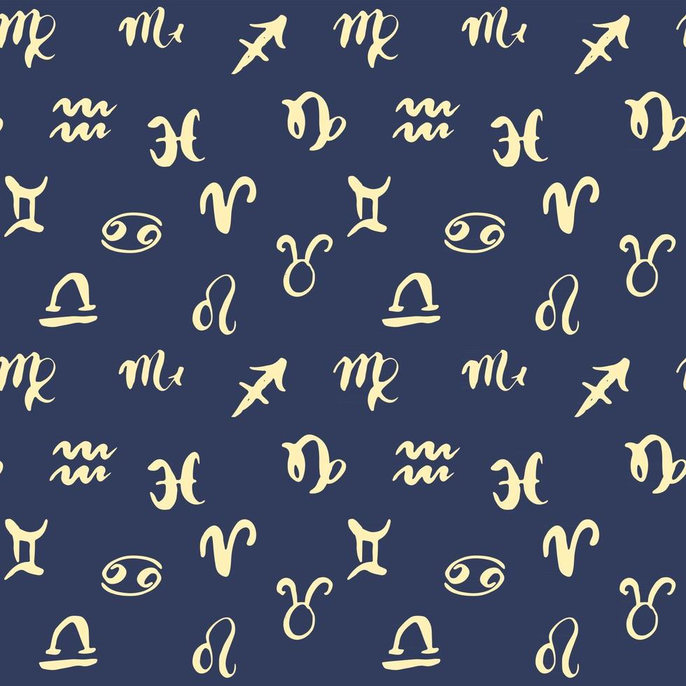 Zodiac signs seamless pattern. Hand drawn horoscope astrology symbols, grunge textured design, typography print, vector illustration