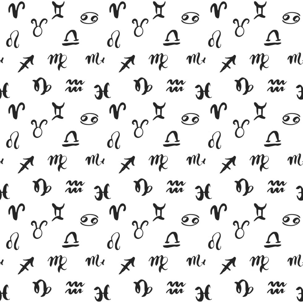 Zodiac signs seamless pattern. Hand drawn horoscope astrology symbols, grunge textured design, typography print, vector illustration