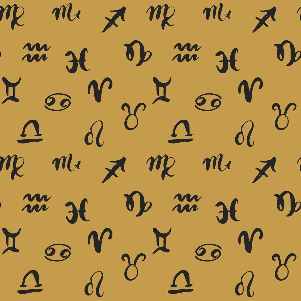 Zodiac signs seamless pattern. Hand drawn horoscope astrology symbols, grunge textured design, typography print, vector illustration