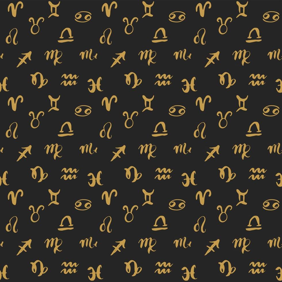 Zodiac signs seamless pattern. Hand drawn horoscope astrology symbols, grunge textured design, typography print, vector illustration