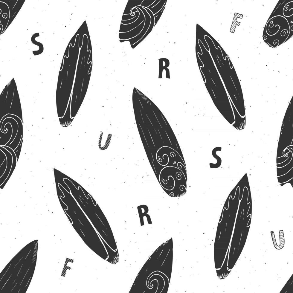 Surf boards seamless pattern hand drawn sketch background, typography design vector illustration