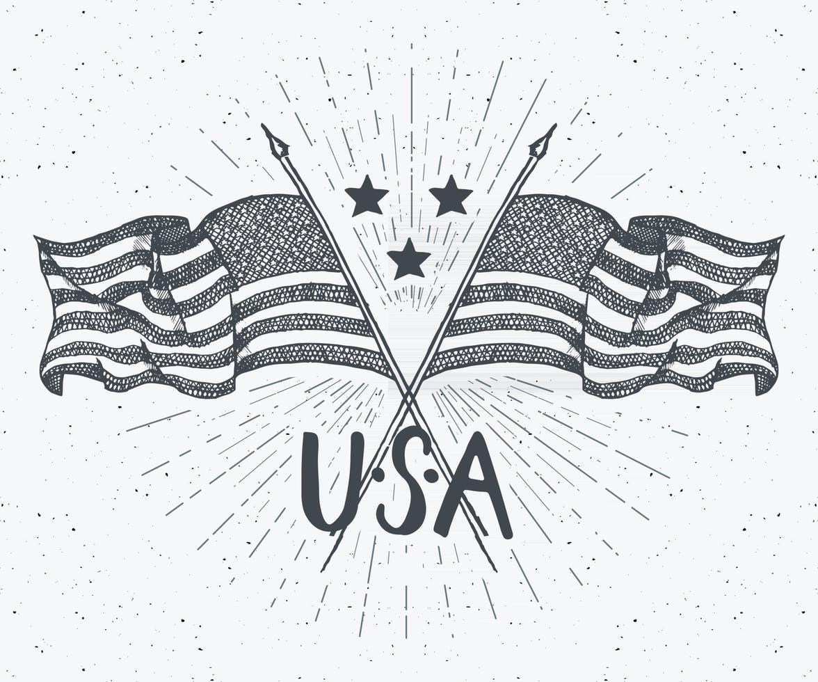 etiqueta vintage, banderas de Estados Unidos cruzadas dibujadas a mano, feliz día de la independencia, celebración del 4 de julio, tarjeta de felicitación, insignia retro con textura grunge, ilustración de vector de diseño de tipografía