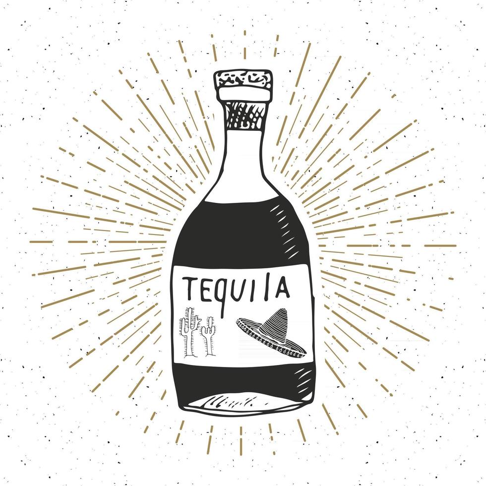 etiqueta vintage, botella dibujada a mano de boceto de bebida alcohólica tradicional mexicana tequila, insignia retro con textura grunge, diseño de emblema, impresión de camiseta de tipografía, ilustración vectorial vector