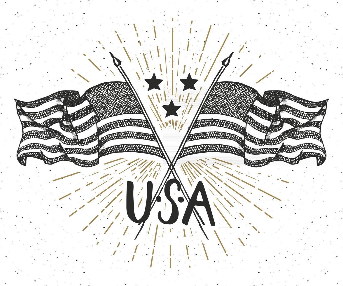 Vintage label, Hand drawn crossed USA flags, Happy Independence Day, fourth of july celebration, greeting card, grunge textured retro badge, typography design vector illustration