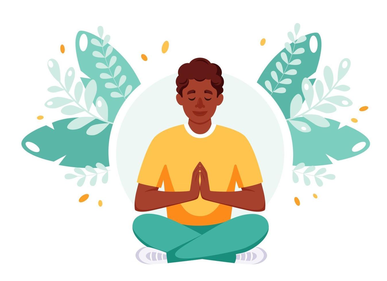 hombre afroamericano meditando en posición de loto. dia internacional del yoga vector