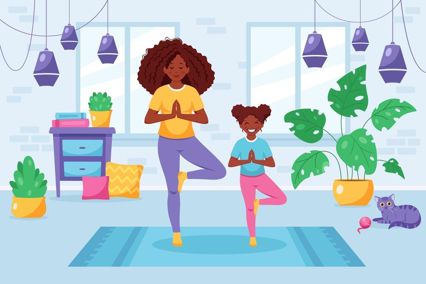 mujer negra haciendo yoga con hija en interior acogedor. familia pasando tiempo juntos vector