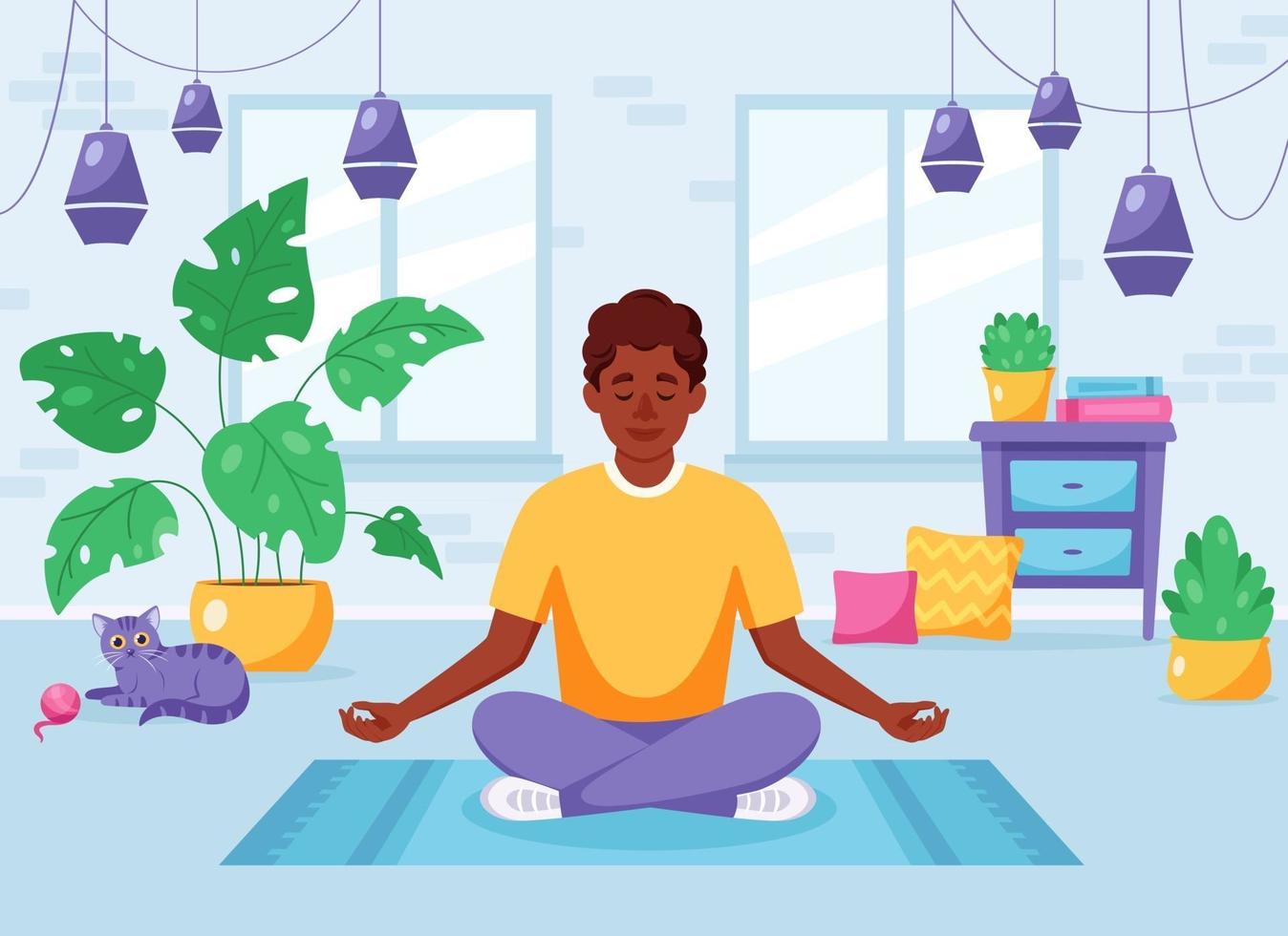 Hombre afroamericano meditando en posición de loto en un acogedor interior moderno vector