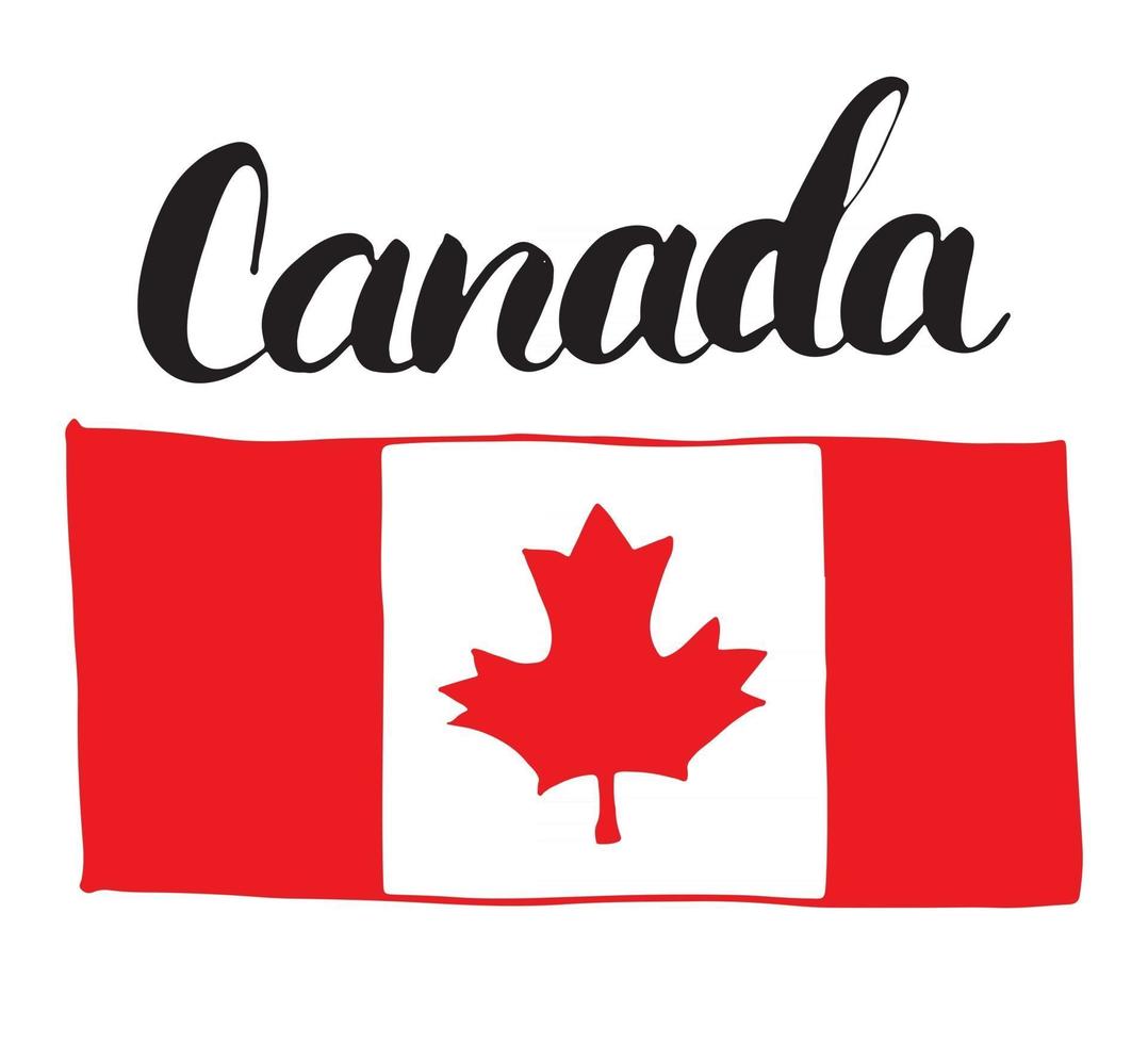 Canadá bandera dibujada a mano, con hoja de arce y letras de caligrafía ilustración vectorial aislado sobre fondo blanco. vector