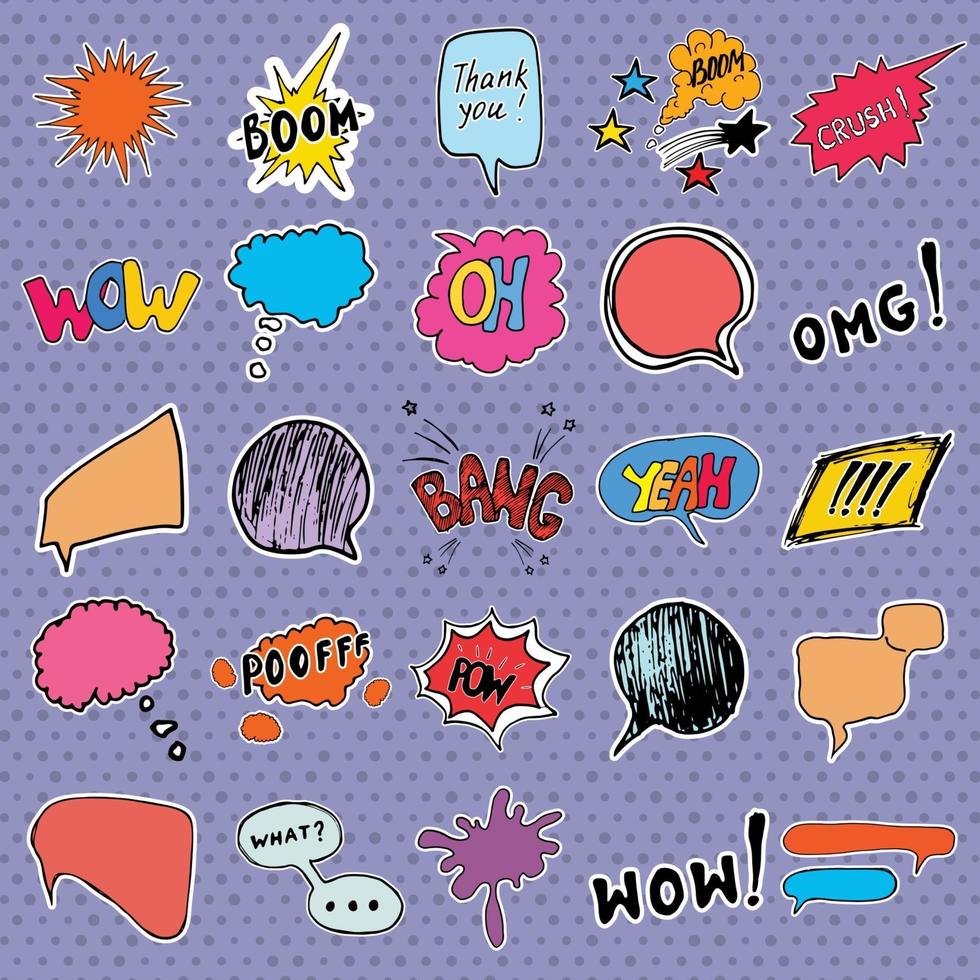 Comic book speech bubbles and cartoon sound effects set. Hand drawn pop art style signs vector illustration.