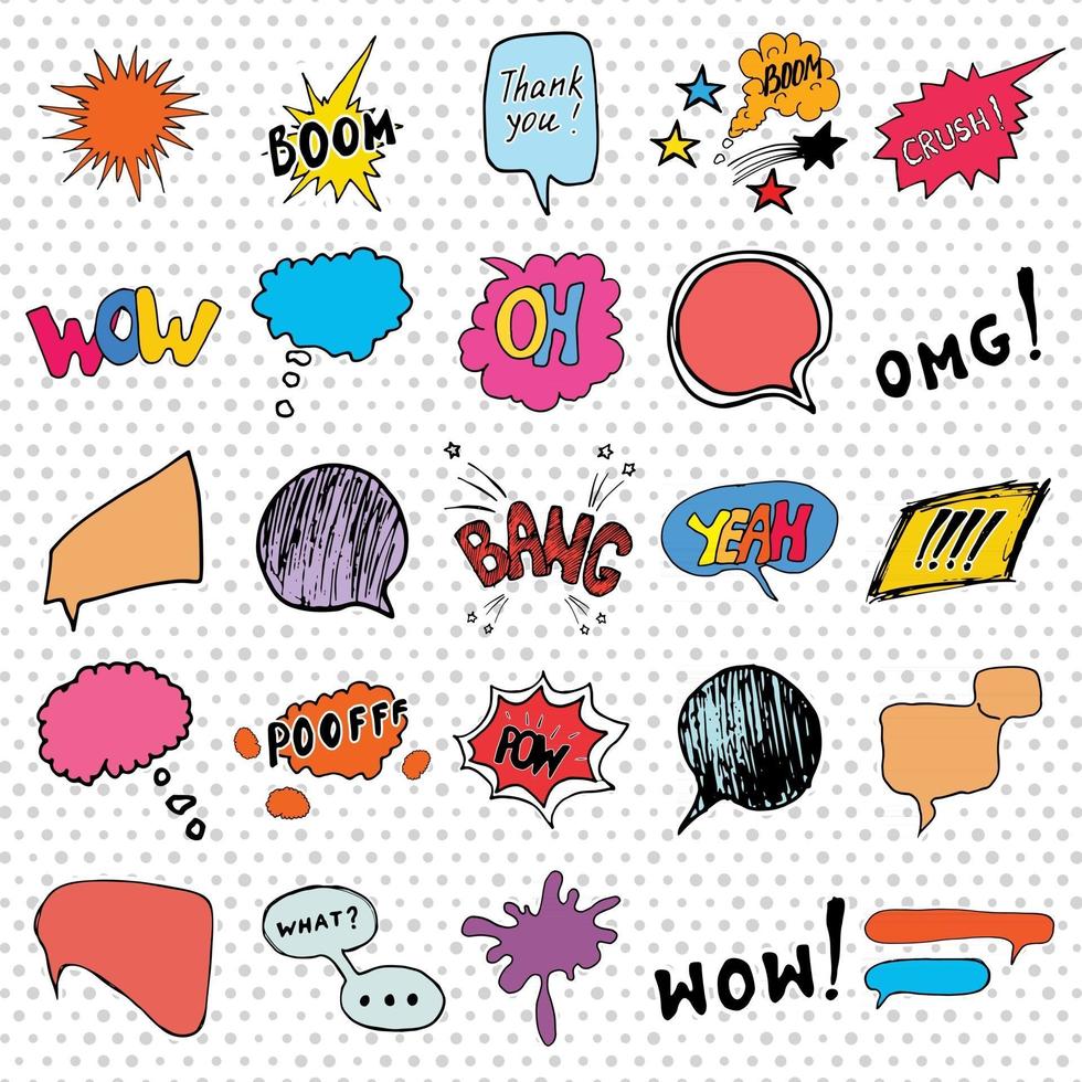 Comic book speech bubbles and cartoon sound effects set. Hand drawn pop art style signs vector illustration.