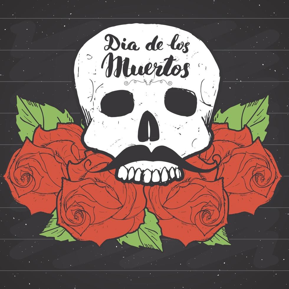 día de los muertos, cita de letras con calavera y rosas dibujadas a mano, etiqueta vintage, diseño de tipografía o estampado de camisetas, ilustración vectorial vector