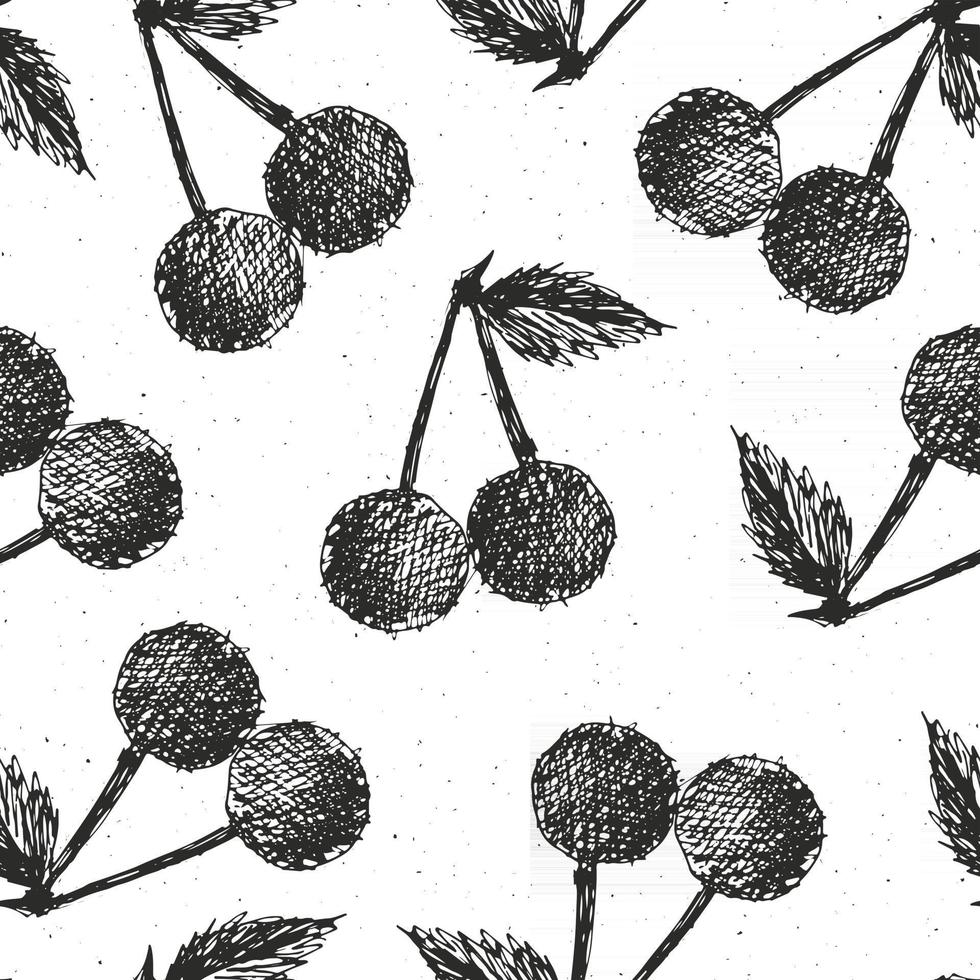 Cherries hand drawn seamless pattern, fruits background vector illustration.