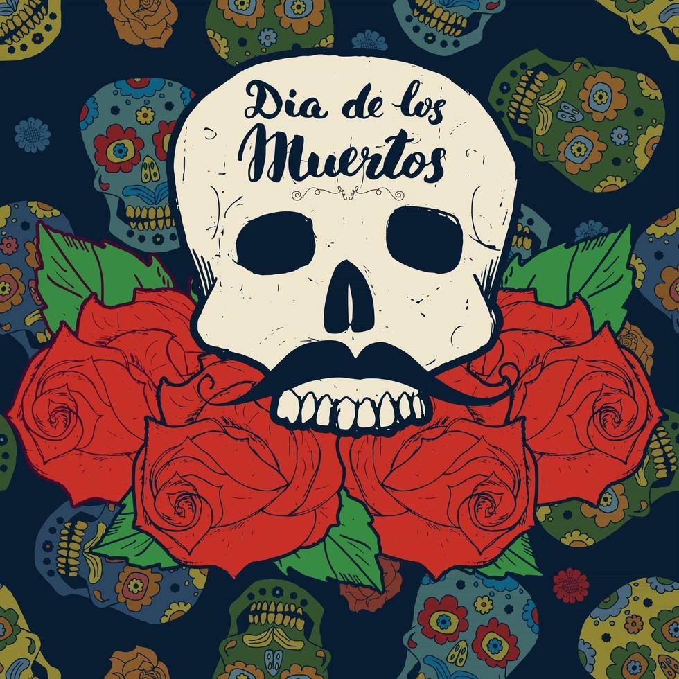 Day of the Dead, lettering quote with handdrawn skull and roses, vintage label, typography design or t-shirt print, vector illustration