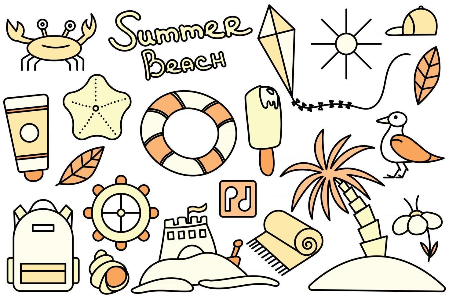 Summer vacation at the sea. Beach stuff. Collection of things for the vacation. Vector line icon. Editable stroke. Doodle style.