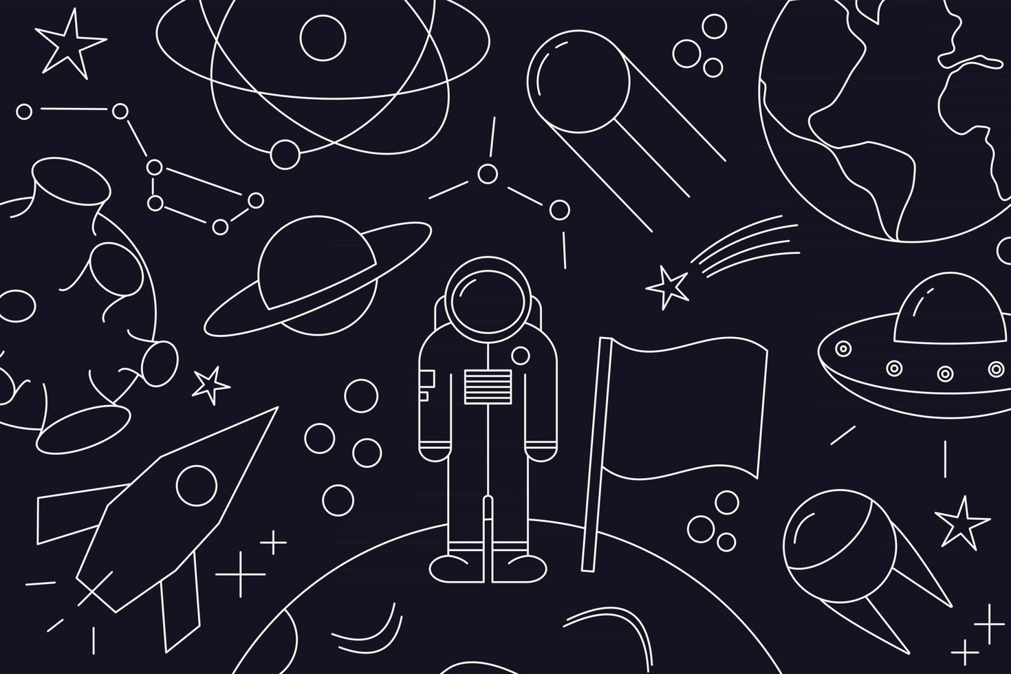 Modern pattern of planet, star, comet, with different rockets. Universe line drawings. Cosmos. Trendy space signs, constellation, moon. Outline, doodle style, icon, sketch. on dark background. vector