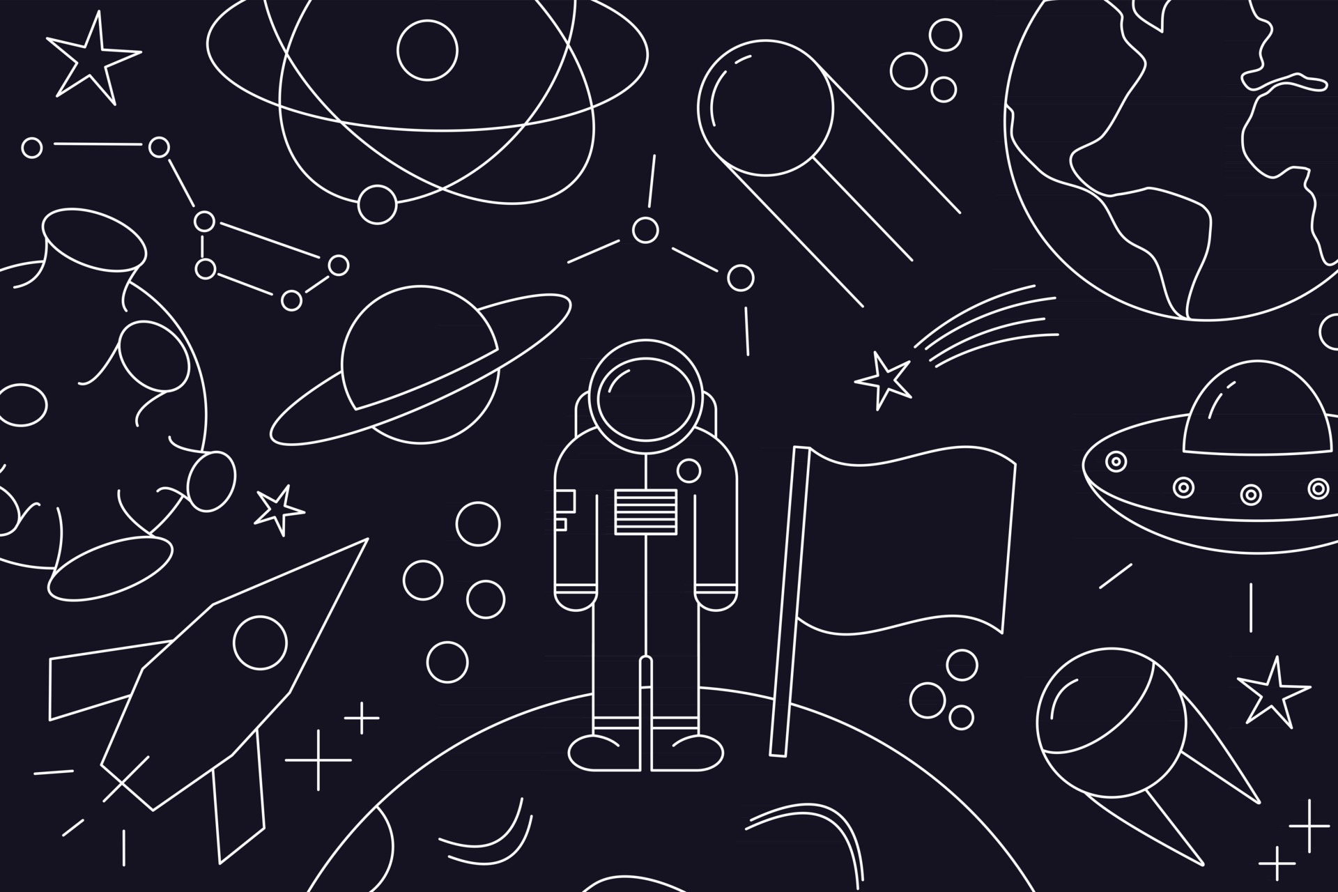 Modern pattern of planet, star, comet, with different rockets. Universe line drawings. Cosmos. Trendy space signs, constellation, moon. Outline, doodle style, icon, sketch. on dark background. 2708472 Vector Art at Vecteezy Modern pattern of planet, star, comet, with different rockets. Universe line drawings. Cosmos. Trendy space signs, constellation, moon. Outline, doodle style, icon, sketch. on dark background. 2708472 Vector Art at Vecteezy