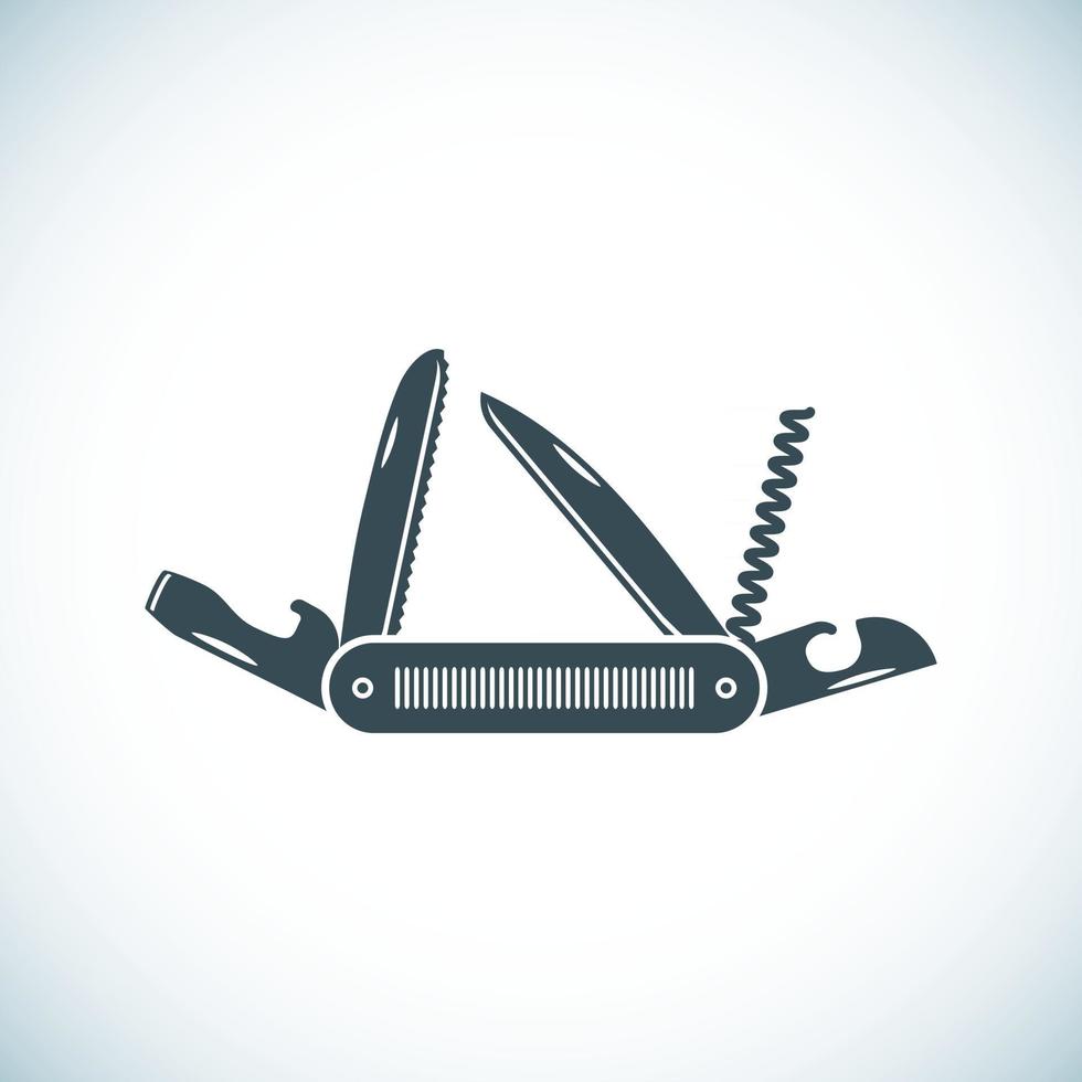 Multifunctional pocket knife icon. Hiking and camping equipment tool, vector illustration isolated on white