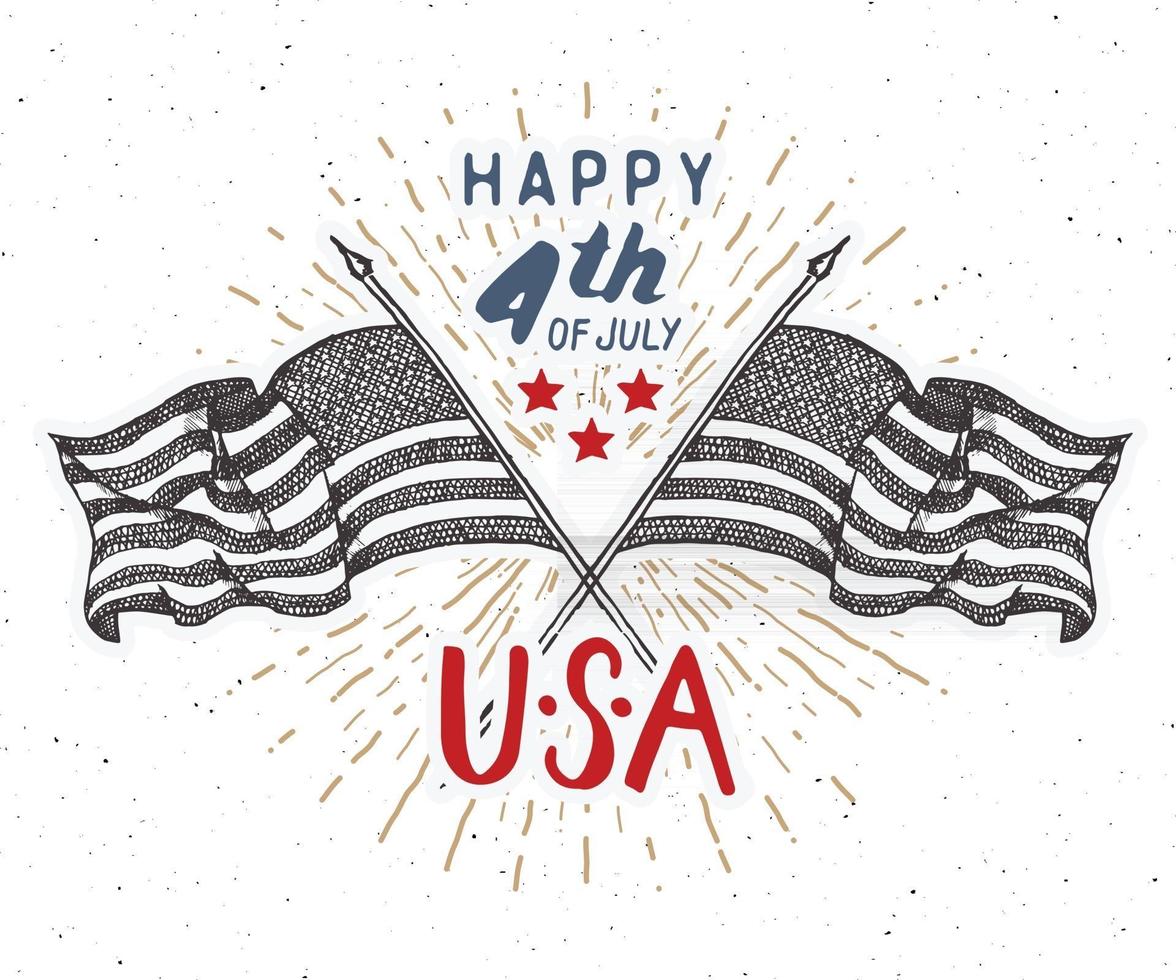 Happy Independence Day, fourth of july, Vintage USA greeting card, United States of America celebration. Hand lettering, american holiday grunge textured retro design vector illustration.