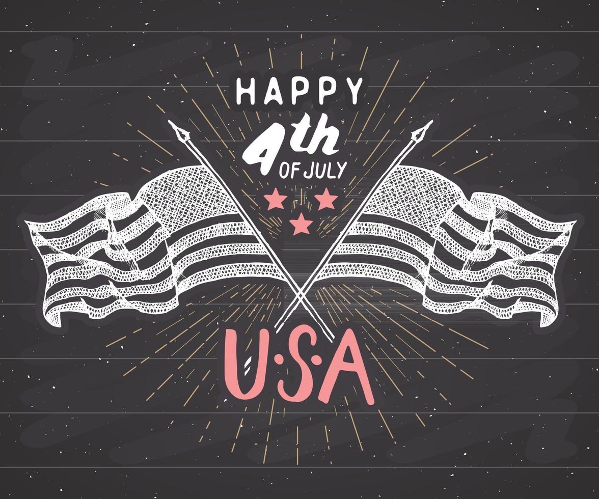 Feliz día de la independencia tarjeta de felicitación de EE. UU. vintage, celebración de los Estados Unidos de América. letras de la mano, ilustración de vector de diseño retro con textura grunge de vacaciones americanas.