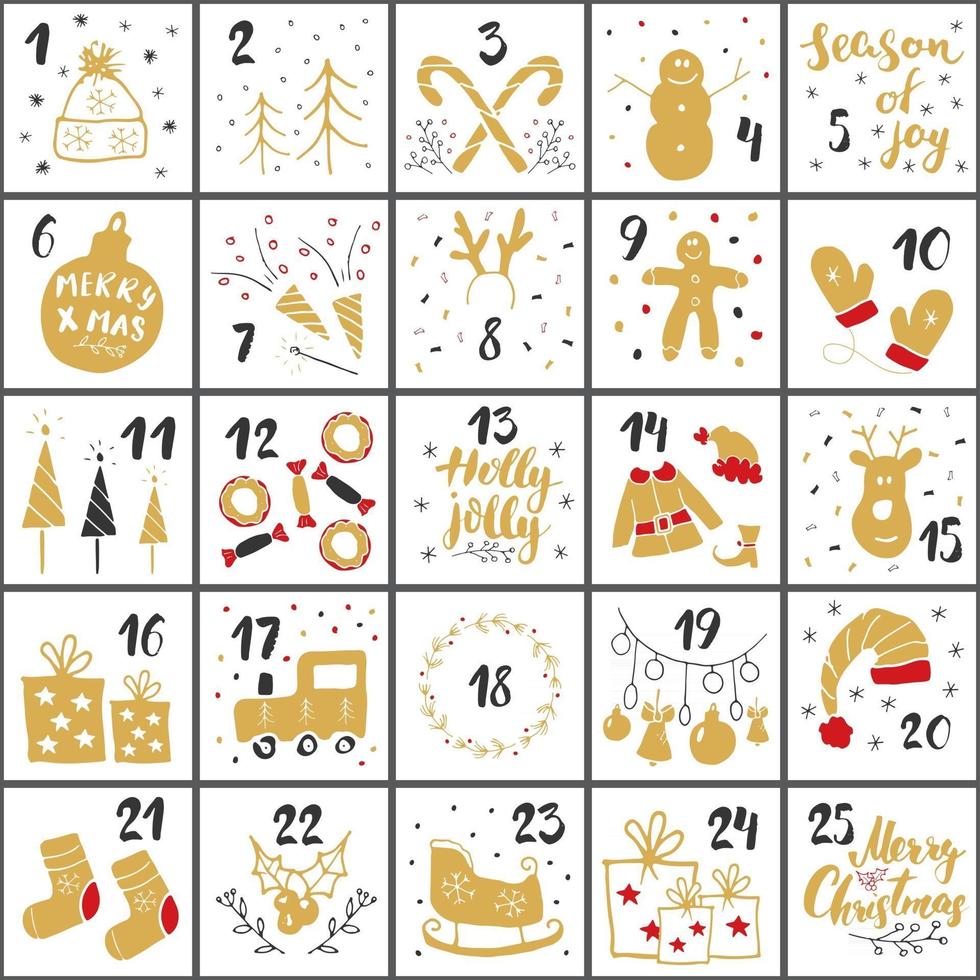 Christmas advent calendar. Hand drawn elements and numbers. Winter holidays calendar cards set design, Vector illustration