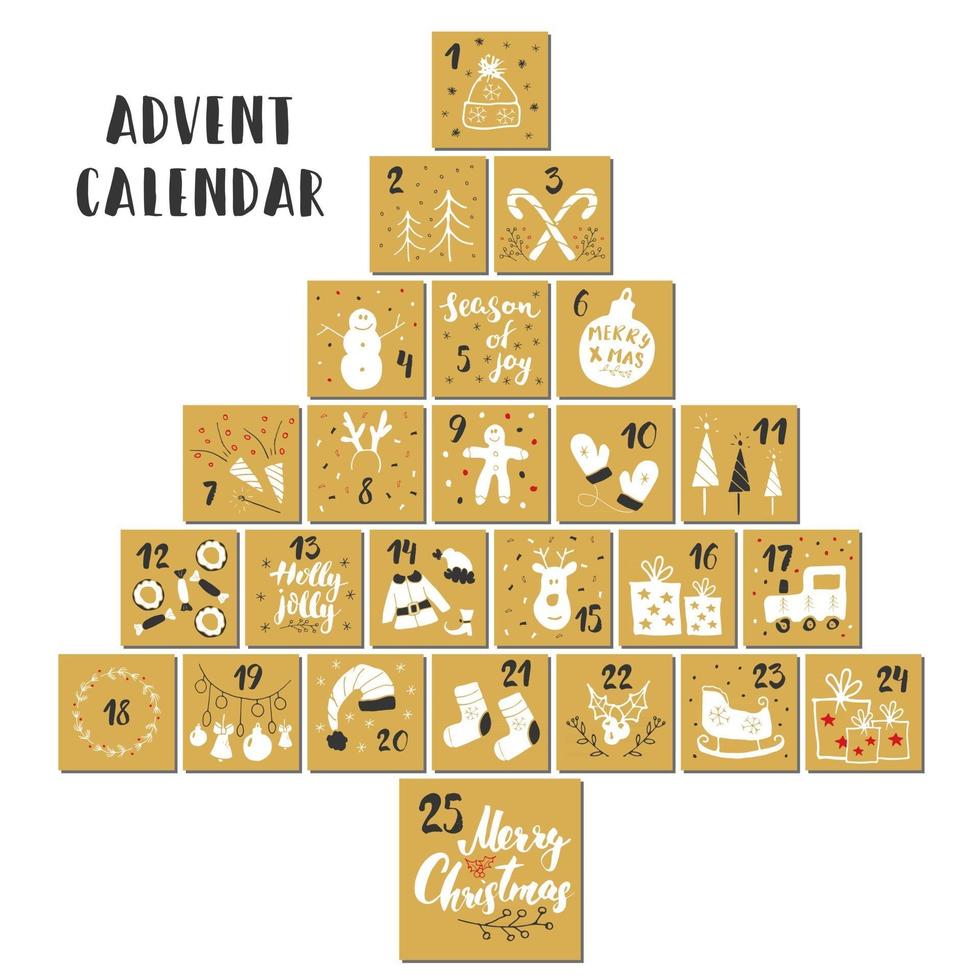 Christmas advent calendar. Hand drawn elements and numbers. Winter holidays calendar cards set design, Vector illustration