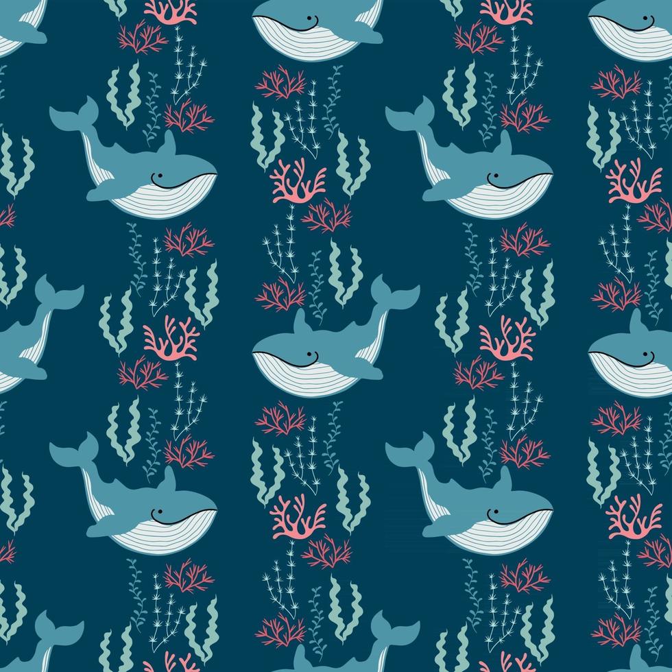 Marine Seamless pattern with cute blue whale and algae. Vector illustration in simple Scandinavian style
