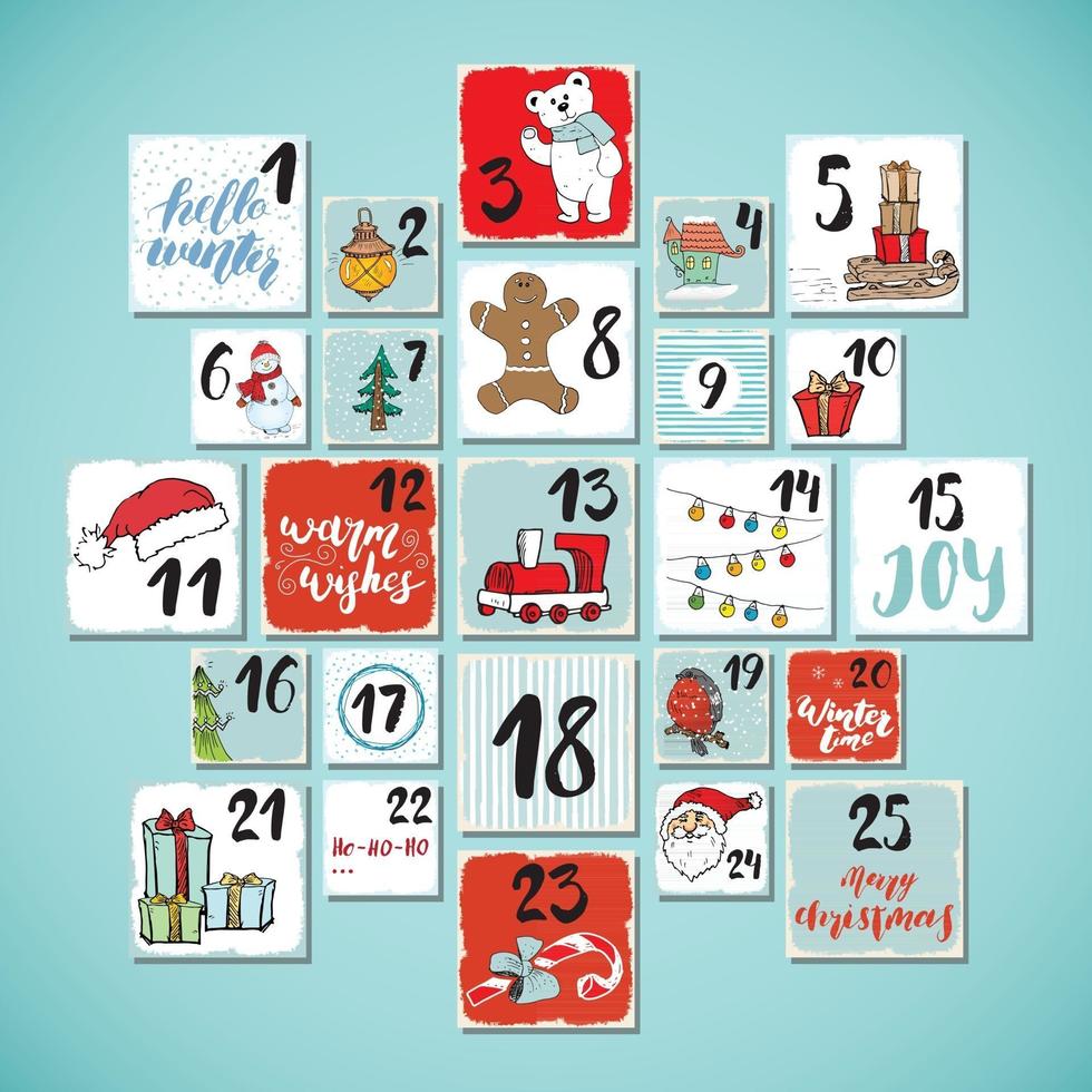 Christmas advent calendar. Hand drawn elements and numbers. Winter holidays calendar cards set design, Vector illustration