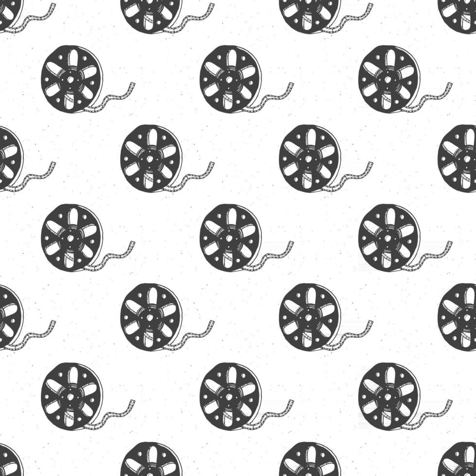 Cinema tape and film reel vintage seamless pattern, handdrawn sketch, retro movie and film industry, vector illustration