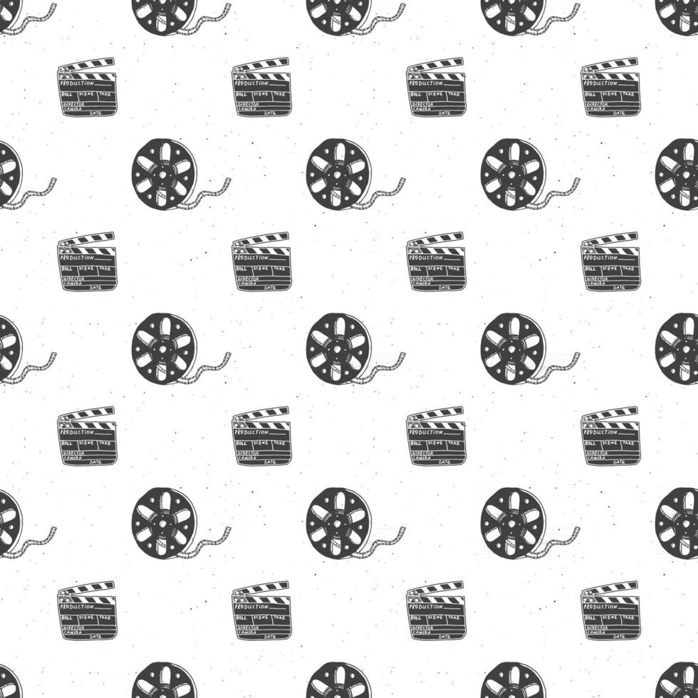 Cinema tape, film reel and clapperboard vintage seamless pattern, handdrawn sketch, retro movie and film industry, vector illustration