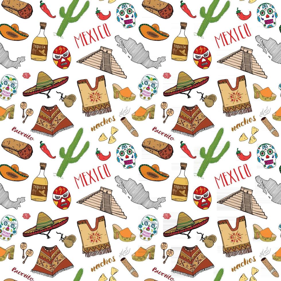 Mexico seamless pattern doodle elements, Hand drawn sketch silhouette mexican traditional sombrero hat, boot, poncho, cactus and tequila bottle, chili peppers, guitar. vector illustration background