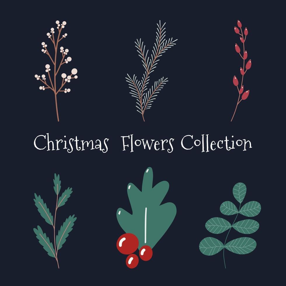 colección floral navideña con plantas y flores decorativas de invierno linda mano dibujada en estilo escandinavo ilustración de bayas de invierno y ramas de un árbol de navidad vector