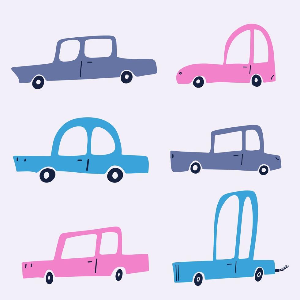 linda colección de coches de bebé con textura. Transportador de coche de dibujos animados coloridos sobre un fondo blanco. Fondo de pantalla de coche de bebé, diseño textil plano dibujado a mano. vector