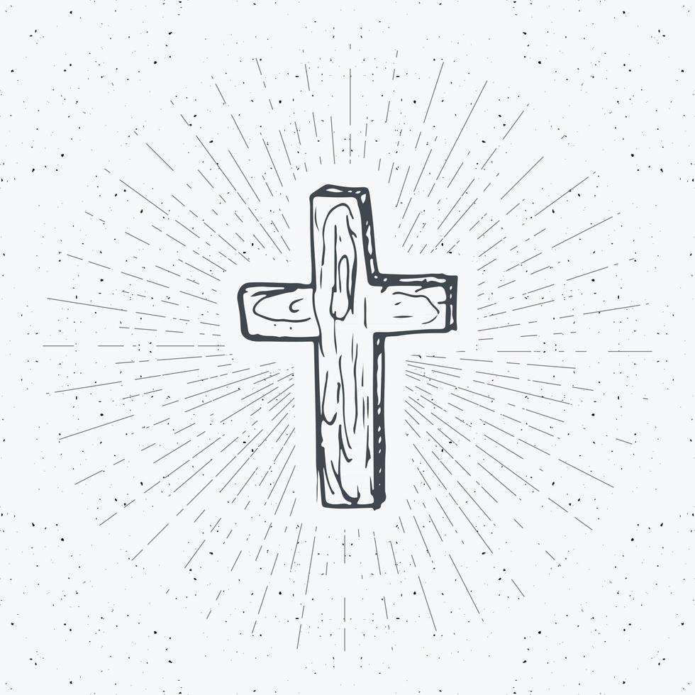 etiqueta vintage, cruz cristiana dibujada a mano, signo religioso, símbolo de crucifijo insignia retro con textura grunge, impresión de camiseta de diseño de tipografía, ilustración vectorial. vector