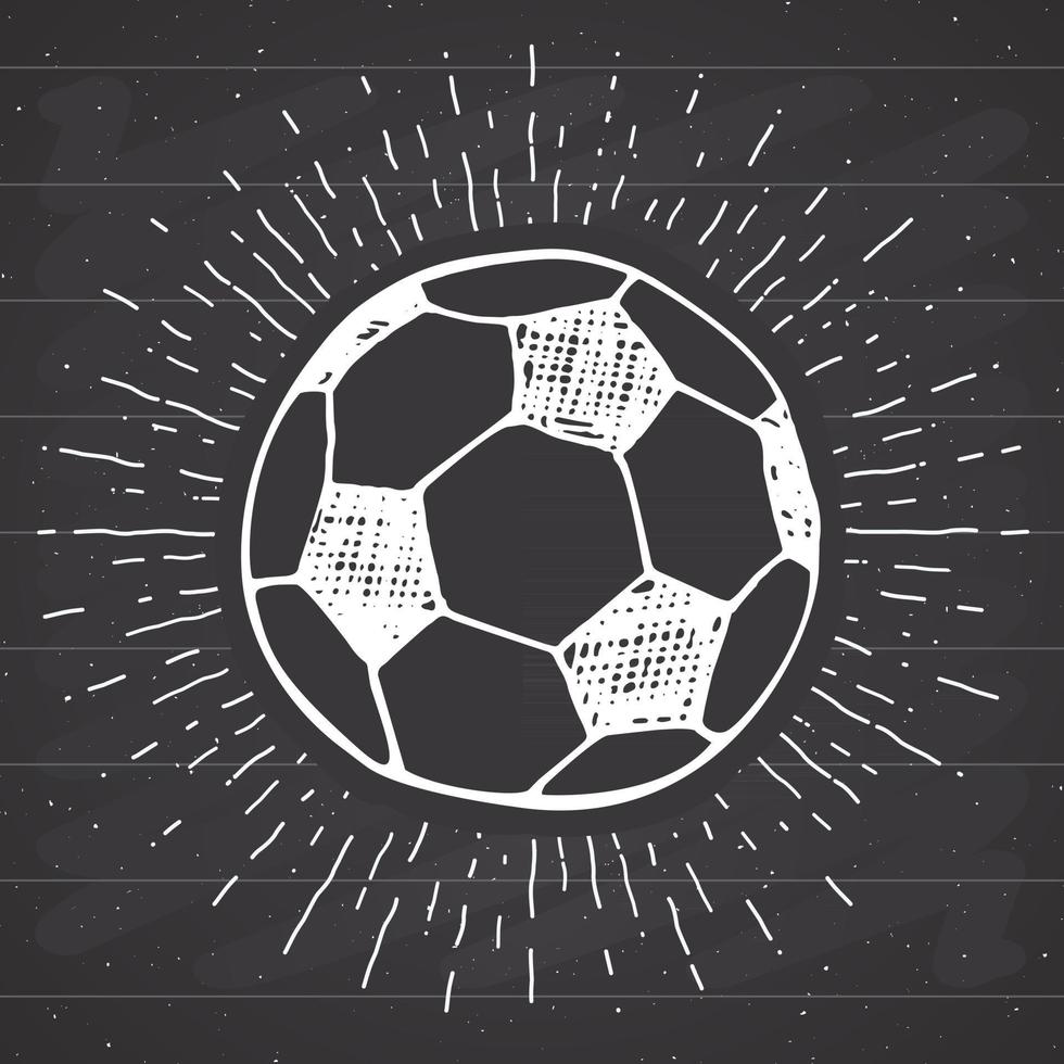 etiqueta vintage, fútbol dibujado a mano, boceto de balón de fútbol, insignia retro con textura grunge, estampado de camiseta de diseño de tipografía, ilustración vectorial vector