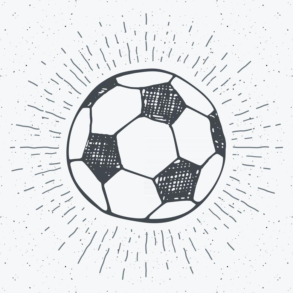 etiqueta vintage, fútbol dibujado a mano, boceto de balón de fútbol, insignia retro con textura grunge, estampado de camiseta de diseño de tipografía, ilustración vectorial vector