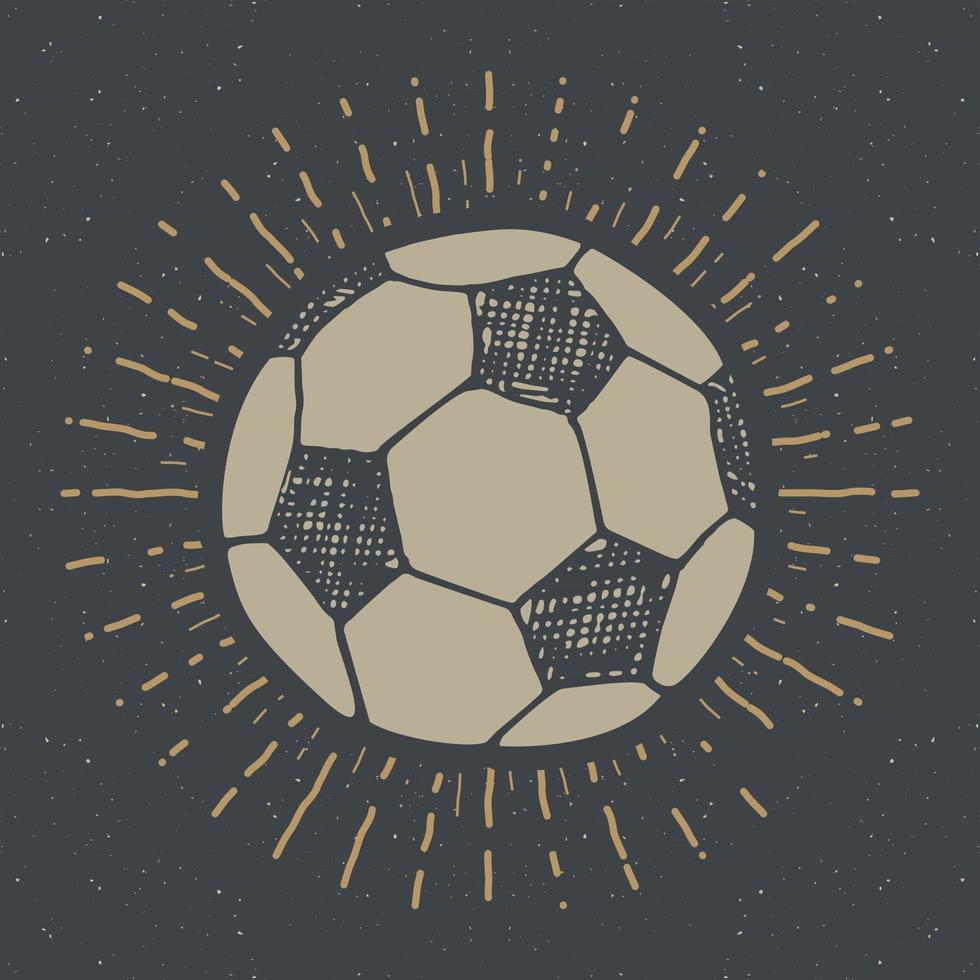 etiqueta vintage, fútbol dibujado a mano, boceto de balón de fútbol, insignia retro con textura grunge, estampado de camiseta de diseño de tipografía, ilustración vectorial vector