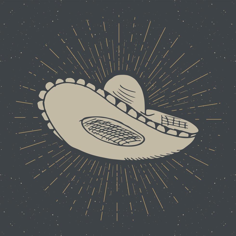 etiqueta vintage, boceto de sombrero mexicano tradicional dibujado a mano, insignia retro con textura grunge, diseño de emblema, impresión de camiseta de tipografía, ilustración vectorial vector