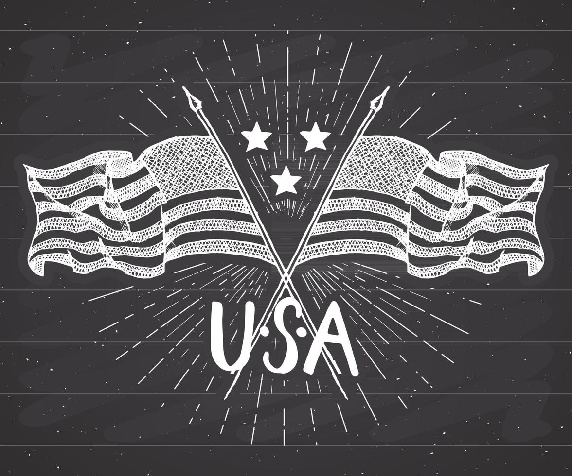 etiqueta vintage, banderas de Estados Unidos cruzadas dibujadas a mano, feliz día de la independencia, celebración del 4 de julio, tarjeta de felicitación, insignia retro con textura grunge, ilustración de vector de diseño de tipografía